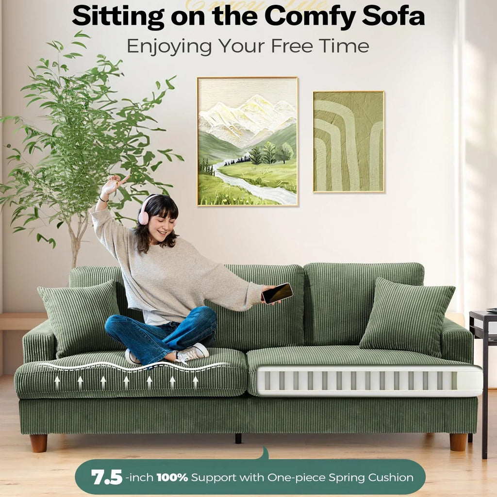 2026 New87" Corduroy Sofa,3 Seater Sofa with Extra Deep Seats,Neche Comfy Upholstered Couch for Living Room,2 Pillows,Green