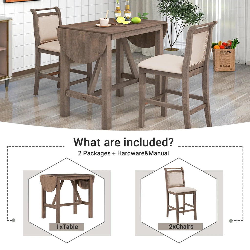 2026 NewHarper & Bright Designs 3 Piece Wood Folding Dining Table Set Drop Leaf Table with 2 Padded Counter Height Dining Chairs for Small Place, Brown