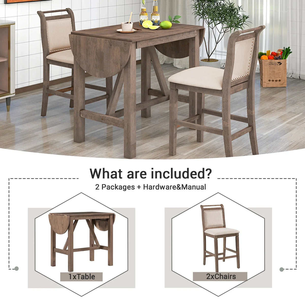 2026 NewHarper & Bright Designs 3 Piece Wood Folding Dining Table Set Drop Leaf Table with 2 Padded Counter Height Dining Chairs for Small Place, Brown
