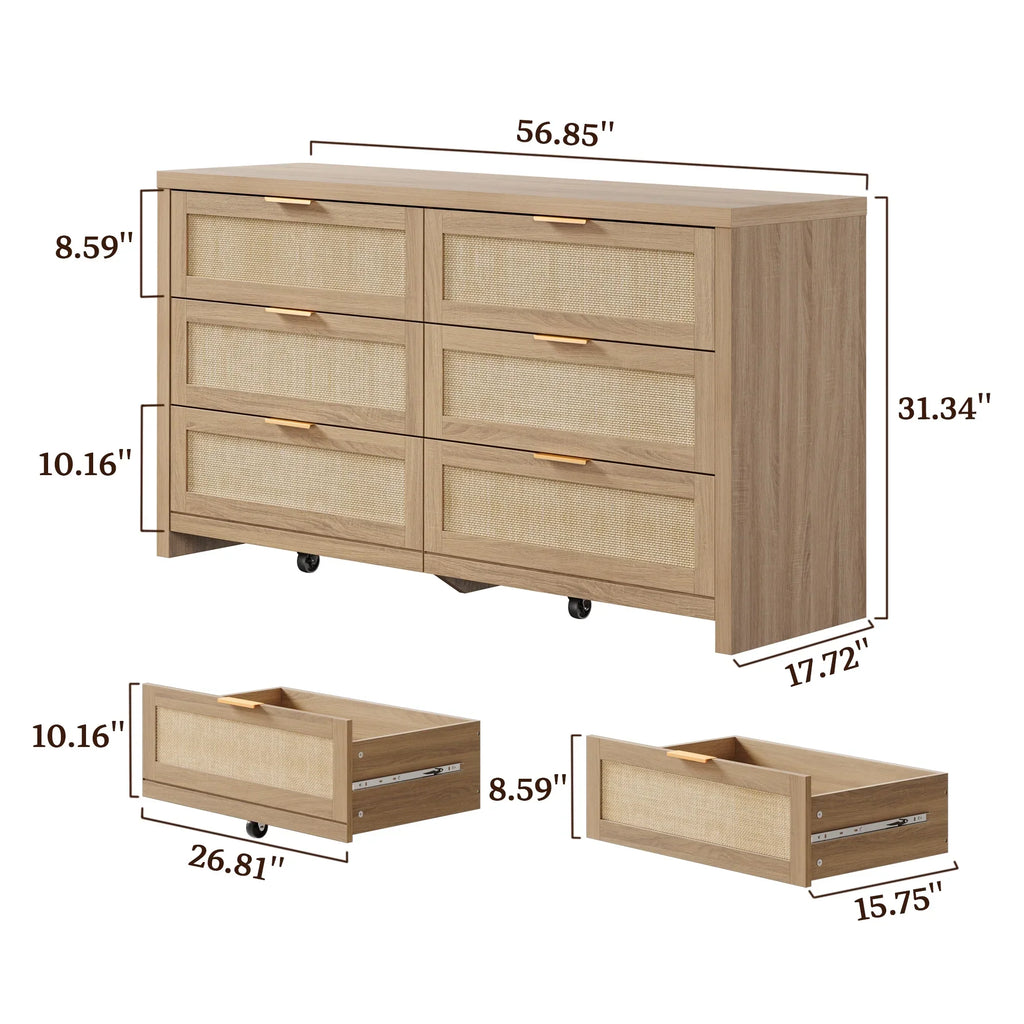 2026 NewSICOTAS 56.85" 6 Drawer Dresser,Rattan Dresser with Storage,Boho Dressers & Chests of Drawers Wooden Tall Dresser for Bedroom