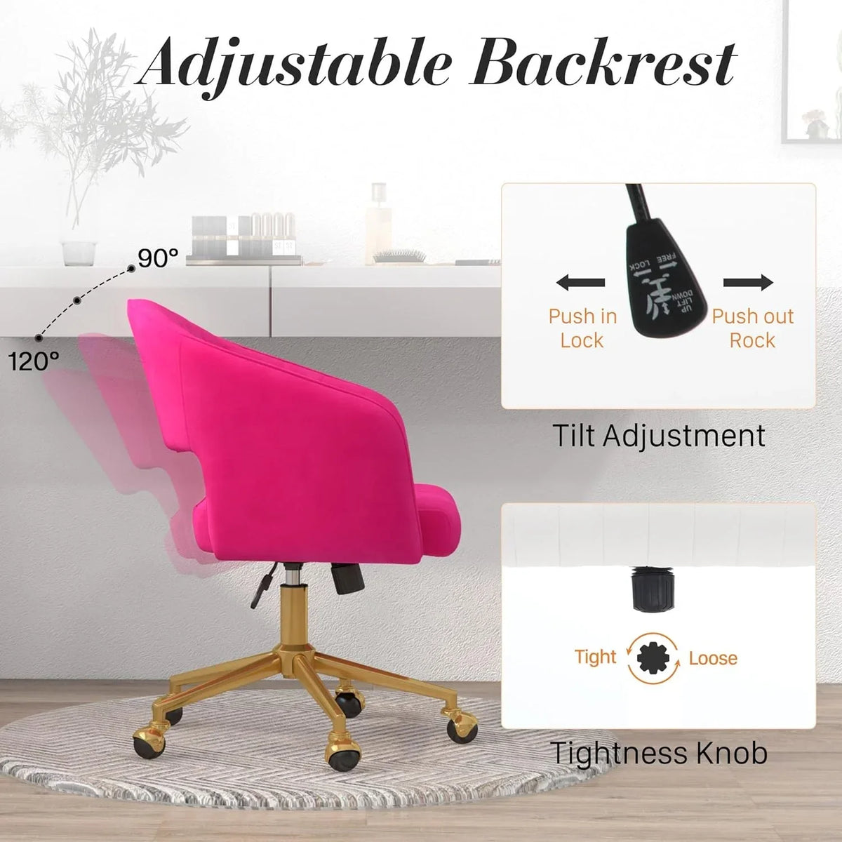 2026 NewHome Office Swivel Desk Chair, Modern Velvet Vanity Chair, Height Adjustable Armchair with Gold Base, Ergonomic Office Chair for Task Study Computer Room, Beige