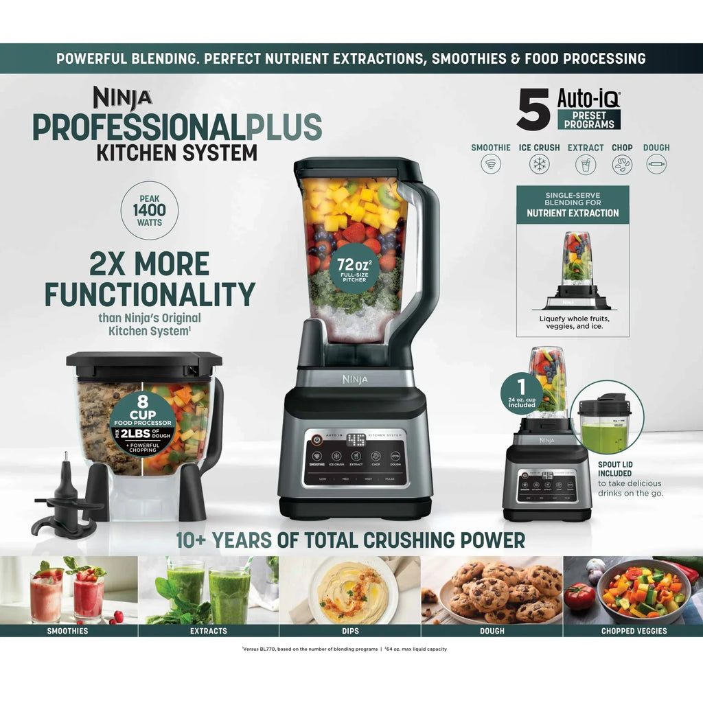 2026 NewNinja Professional Plus Kitchen System, 1400 Watts, 5 Presets for Smoothies, Chopping, Dough with Auto IQ, 72-oz.* Blender Pitcher, 64-oz. Processor Bowl, 24-oz. To-Go Cups, Black, BN800
