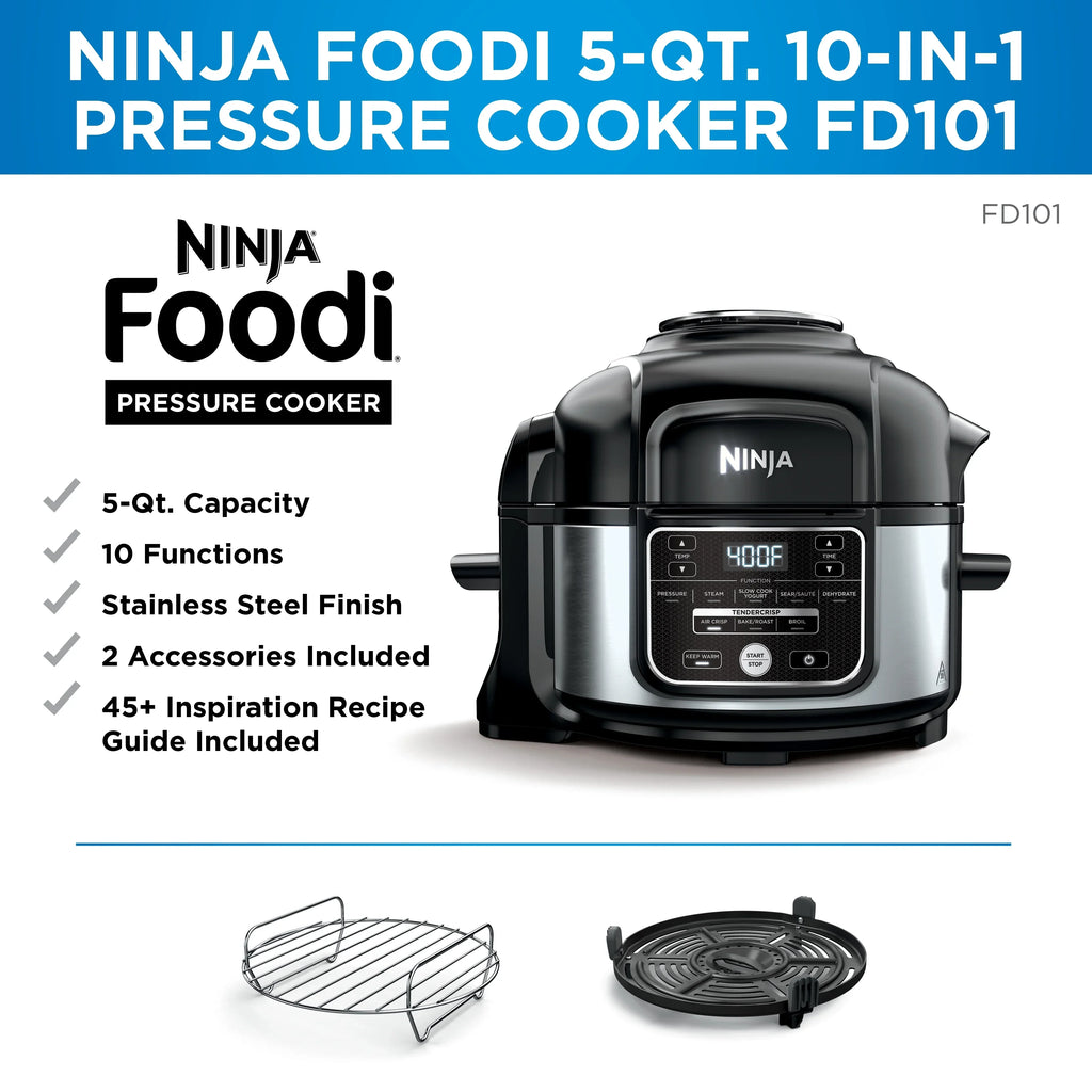 2026 NewNinja Foodi 10-in-1 5 Qt Pressure Cooker, Steamer, Bake, Broil, Dehydrate, Air Fryer, Non-Stick, FD101 Stainless Steel