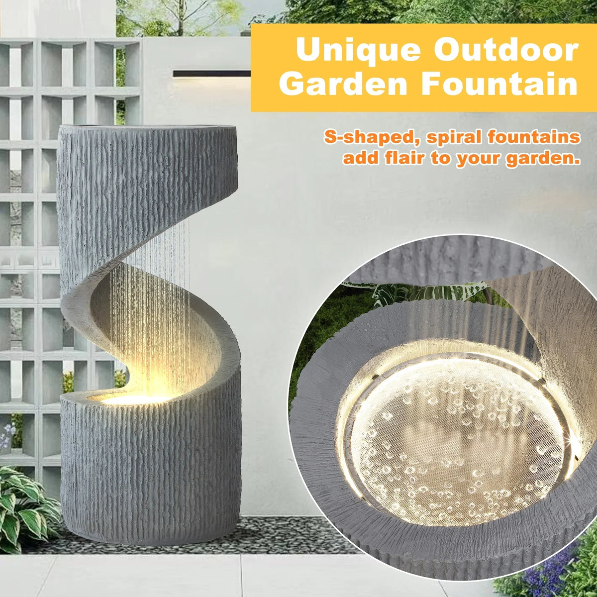2026 NewMagic Union Outdoor S-Shaped Water Fountain, Spiral Waterfall Indoor Fountain Outside Garden Decor with LED Lights & Pump, Curved Patio Resin Fountains for Yard, Deck, Porch and Home Decorations