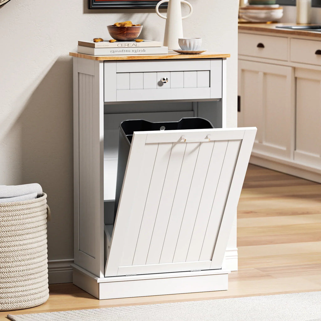 2026 NewHARIPUL Single Tilt Out Trash Cabinet for 13 Gallon Waste Bin, Free Standing Kitchen Trash Can Cabinet with Drawers, White