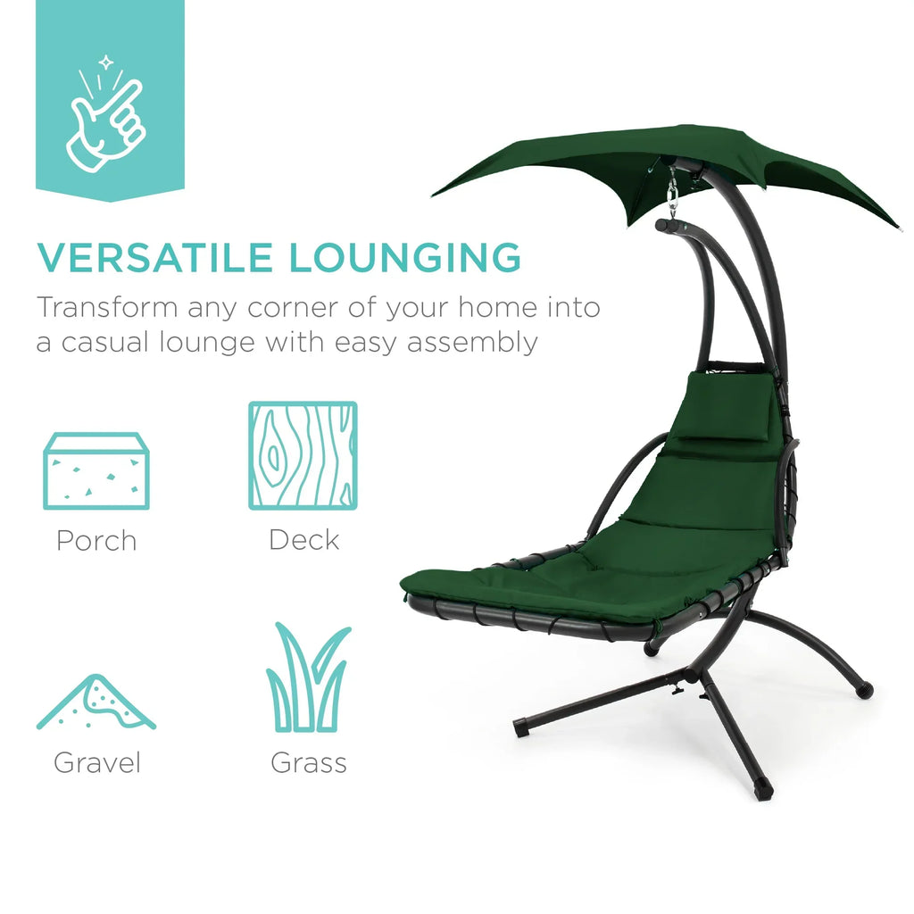 2026 NewBest Choice Products Hanging Curved Chaise Lounge Chair Swing for Backyard, Patio w/ Pillow, Shade, Stand - Teal