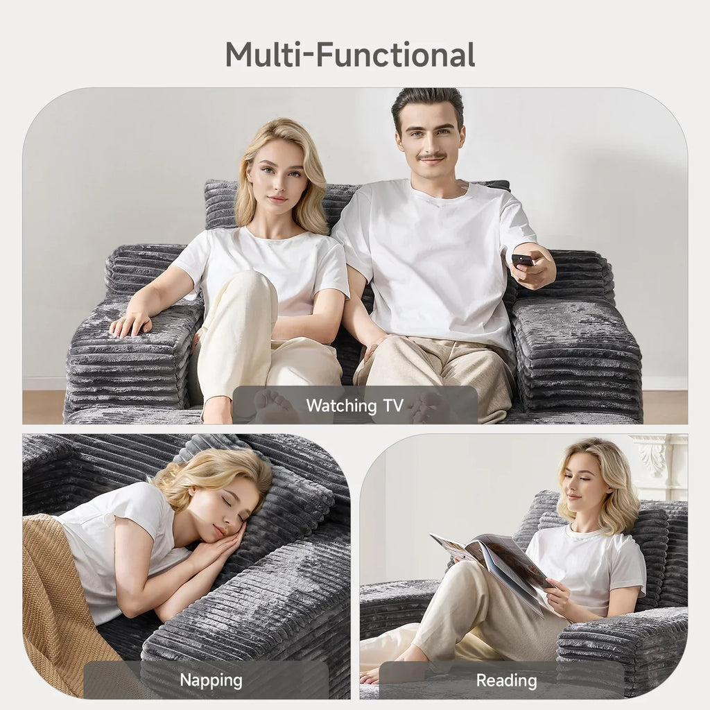 2026 New65" Corduroy Cloud Sleeper Chaise Lounge Chair, No Assembly Sofa Bed with Pillows, Beige