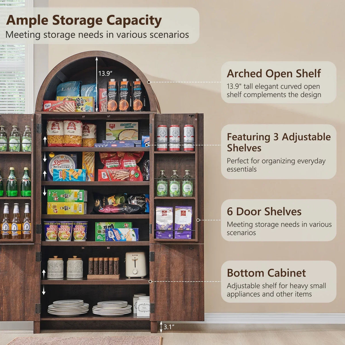 2026 NewIFGET 71" Tall Arched Kitchen Pantry Storage Cabinet, Large Storage Cabinet with Adjustable Shelves, Pantry Cabinet for Kitchen, Dining Room