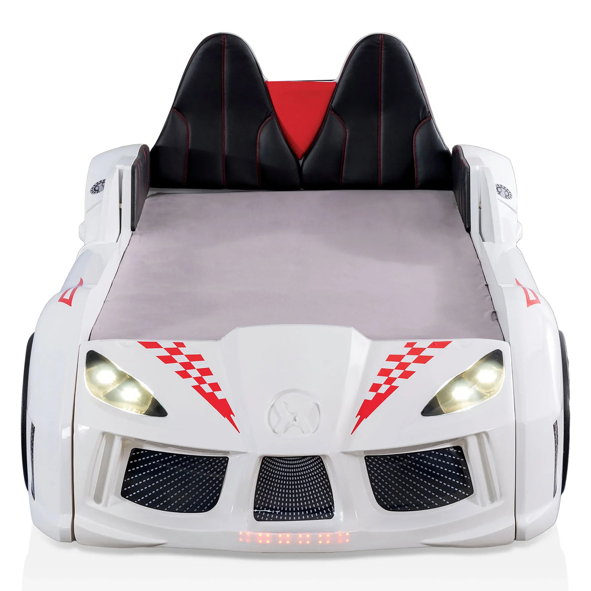 2026 NewFurniture of America Dash Kids Plastic Twin Race Car Bed with LED and Sound, White