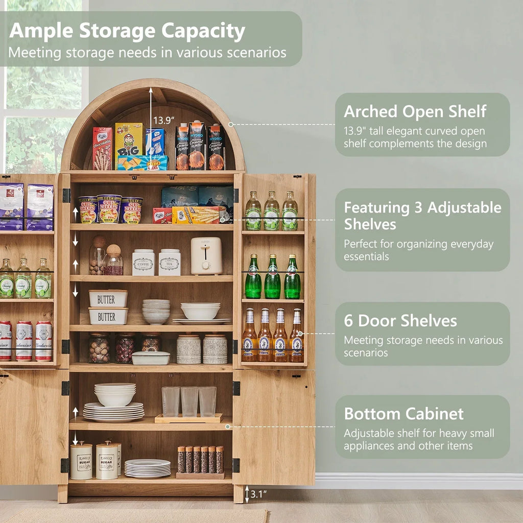 2026 NewIFGET 71" Tall Arched Kitchen Pantry Storage Cabinet, Large Storage Cabinet with Adjustable Shelves, Pantry Cabinet for Kitchen, Dining Room