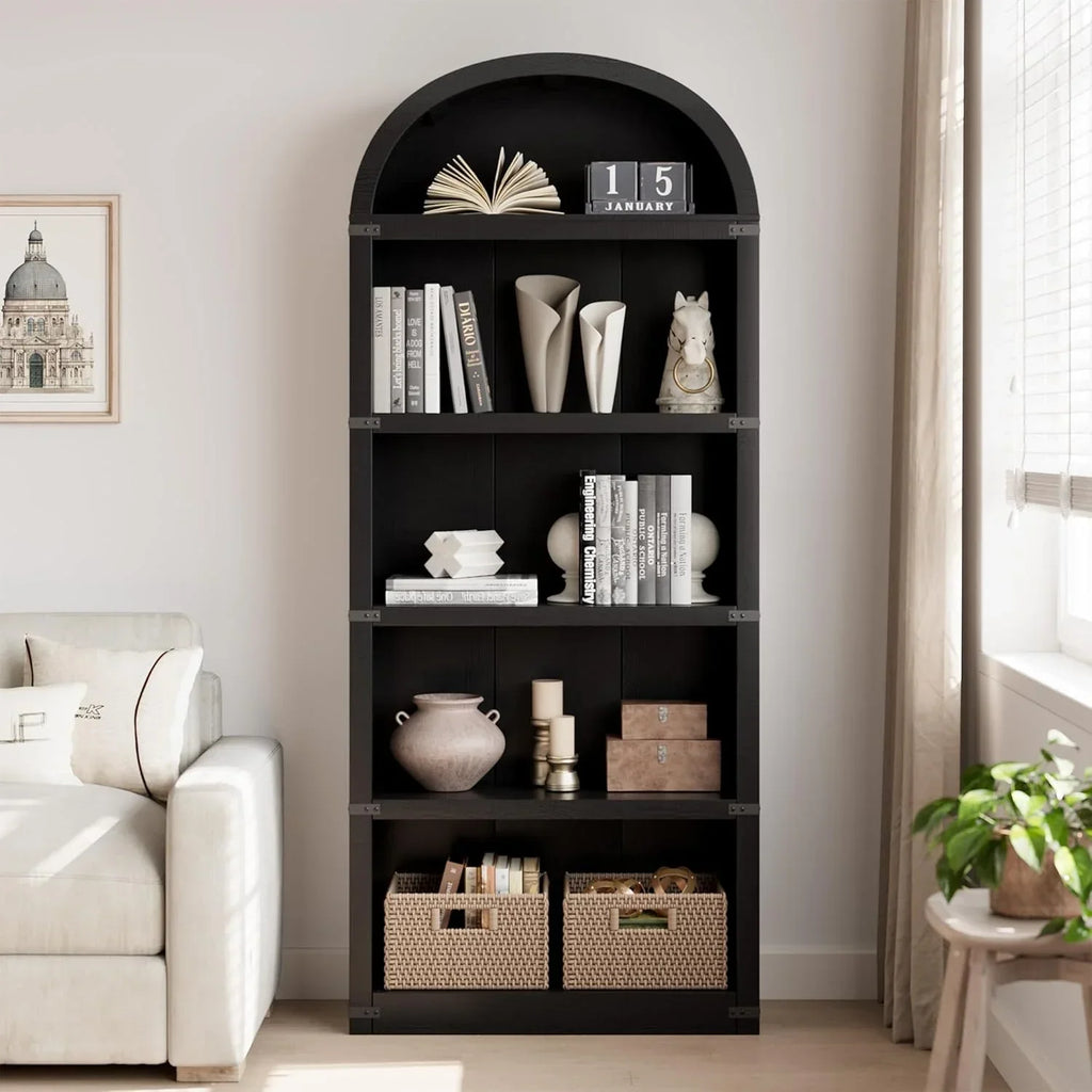 2026 NewBookcase 5 Shelf Arched Bookshelf 71.65in Tall Bookcase Farmhouse Display Storage Rack Wooden Bookshelves for Home Office, Living Room(white)