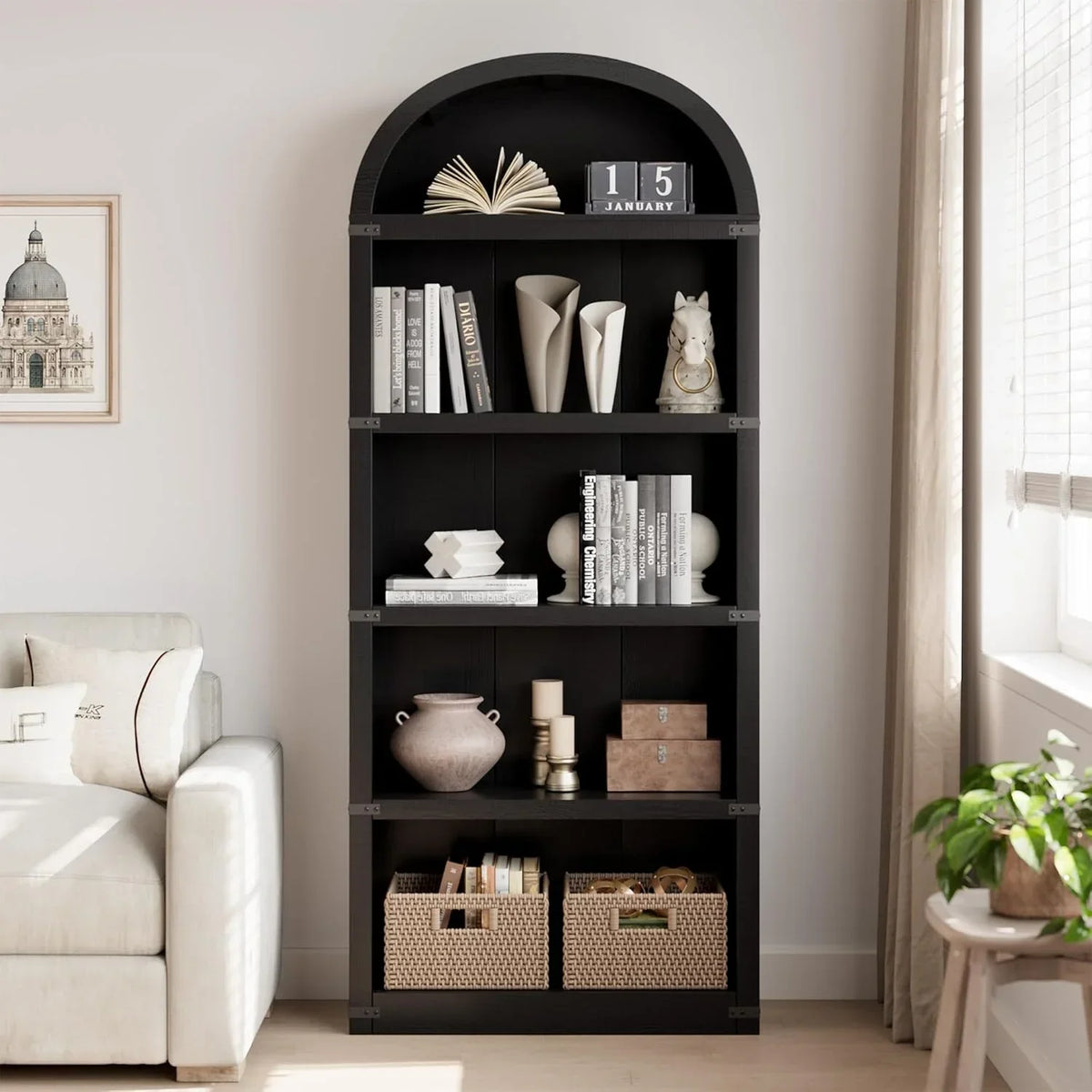 2026 NewBookcase 5 Shelf Arched Bookshelf 71.65in Tall Bookcase Farmhouse Display Storage Rack Wooden Bookshelves for Home Office, Living Room(white)