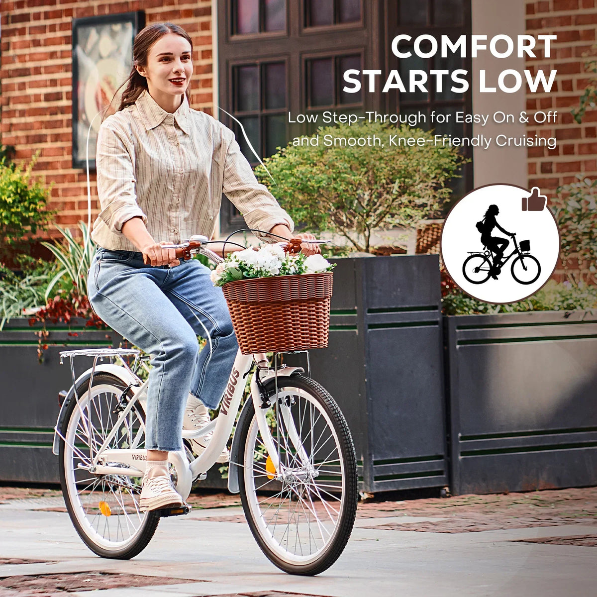2026 NewViribus Women's Comfort Bike 24 inch Beach & City Cruiser Bicycle with Basket Rack White