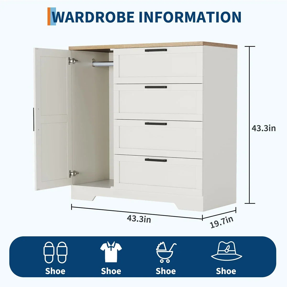 2026 NewAtaucjin Wood Armoire Wardrobe Closet with 4 Drawers and Door, 43.3" H Bedroom Wardrobe Cabinet with Hanging Rod, Clothing Storage Cabinets, 4 Drawers Dresser with Storage Closet