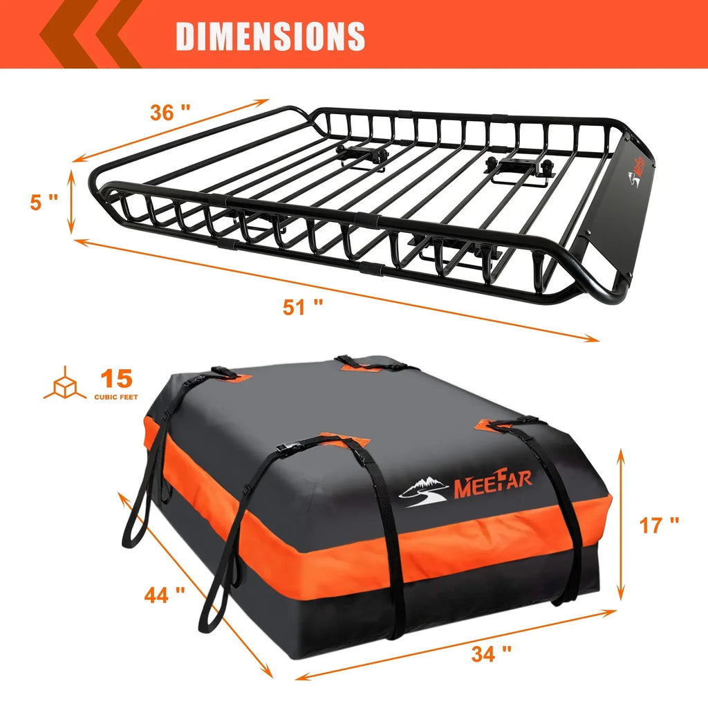 2026 NewMeeFar Universal Rooftop Roof Rack Steel Cargo Carrier Basket Size 51" X 36" X 5" + Soft Shell Waterproof Cargo Bag 15 Cu.ft (44" 34" 17") Combo