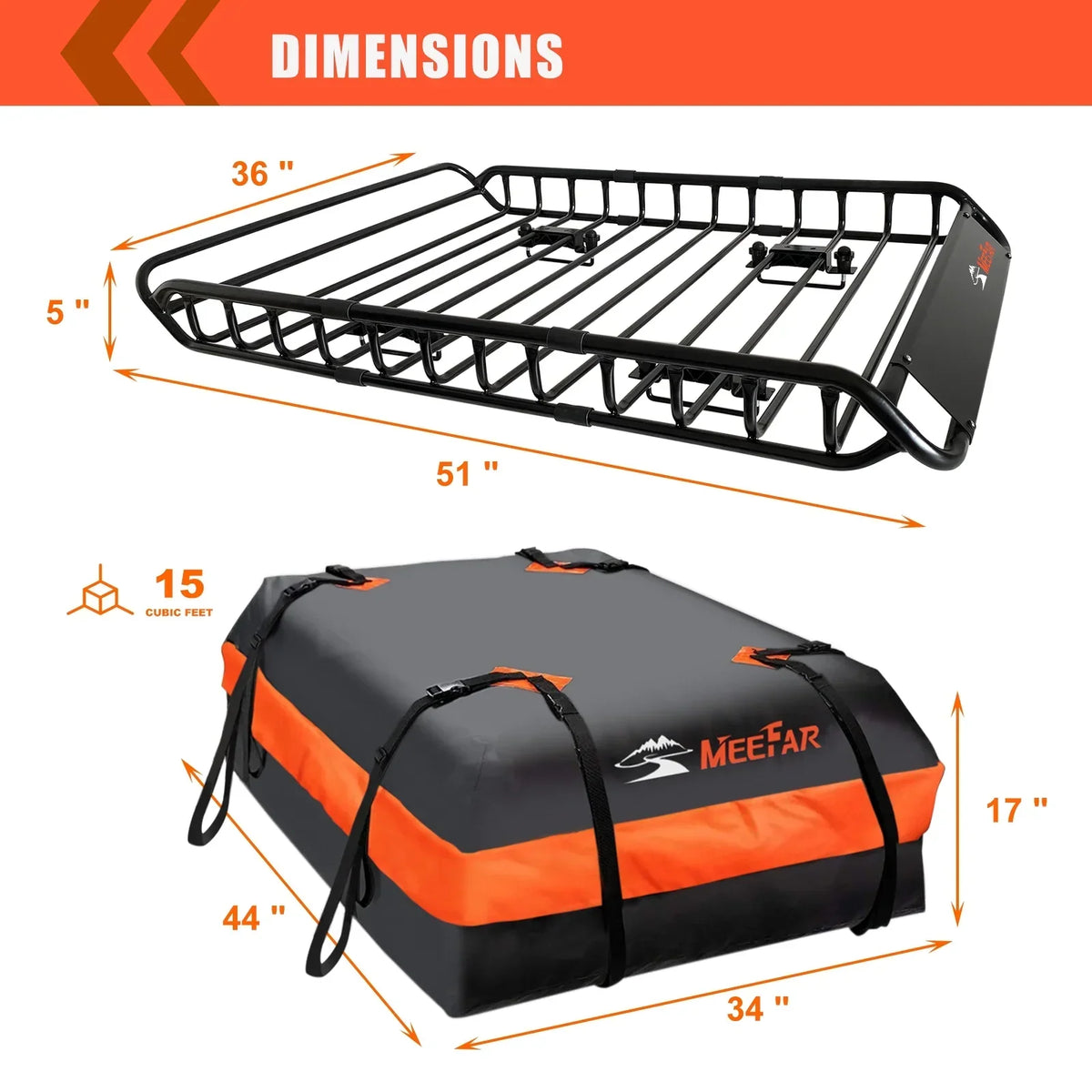 2026 NewMeeFar Universal Rooftop Roof Rack Steel Cargo Carrier Basket Size 51" X 36" X 5" + Soft Shell Waterproof Cargo Bag 15 Cu.ft (44" 34" 17") Combo