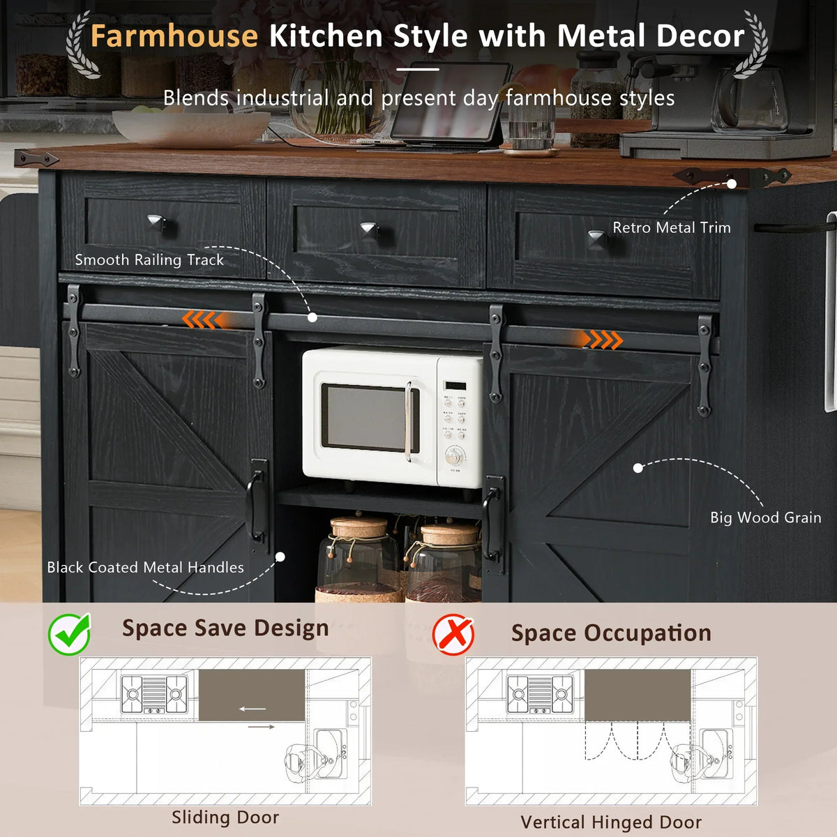 2026 NewHomy Casa Farmhouse 53.7" Kitchen Island with Storage Cabinet, Sliding Barn Doors, and Wheels, White Oak
