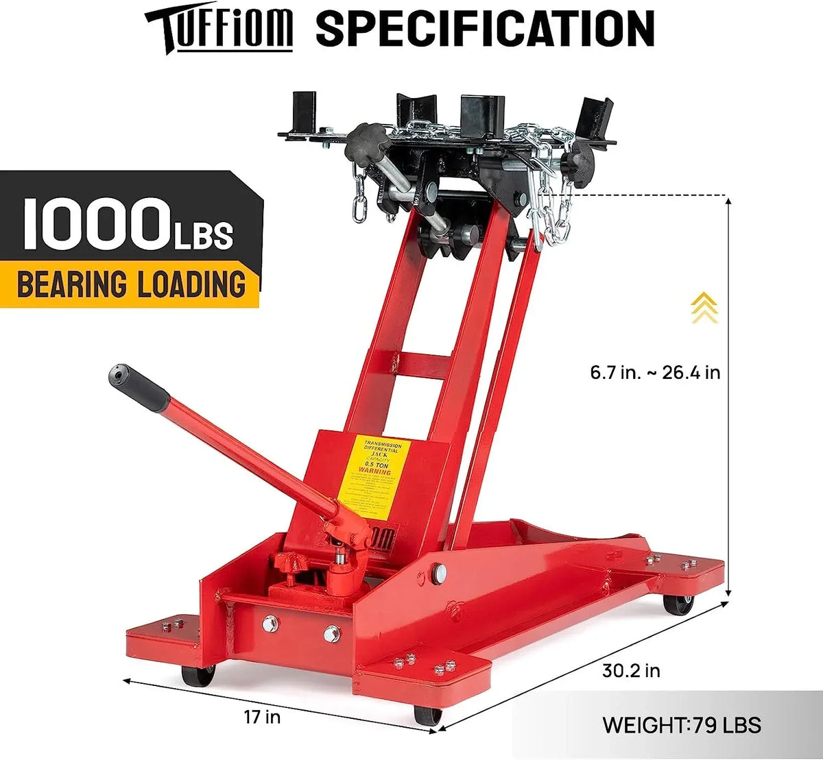 2026 NewTUFFIOM Hydraulic Transmission Service/Floor Jack Lift 1/2 Ton (1,000 lb) Capacity, Low Profile Roll-Under Floor Trolley, Automotive Shop Tool Hoist Lift Lifting Jack, Red