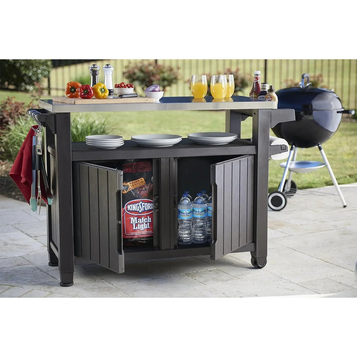 2026 NewKeter Unity XL Outdoor Kitchen Bar Rolling Cart with Storage Cabinet, Brown