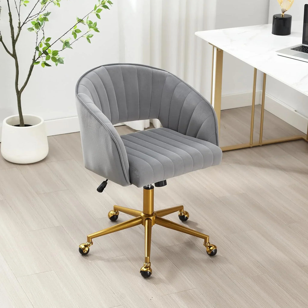 2026 NewHome Office Swivel Desk Chair, Modern Velvet Vanity Chair, Height Adjustable Armchair with Gold Base, Ergonomic Office Chair for Task Study Computer Room, Beige