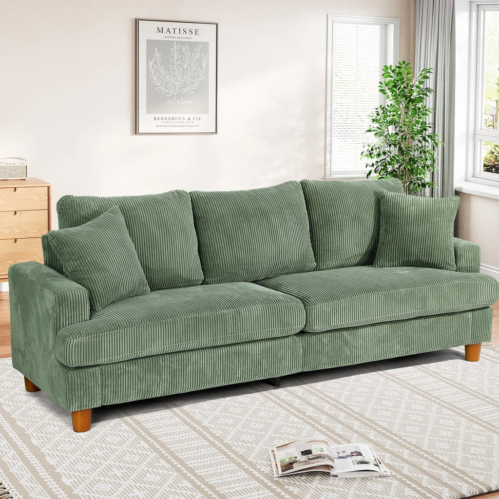 2026 New87" Corduroy Sofa,3 Seater Sofa with Extra Deep Seats,Neche Comfy Upholstered Couch for Living Room,2 Pillows,Green