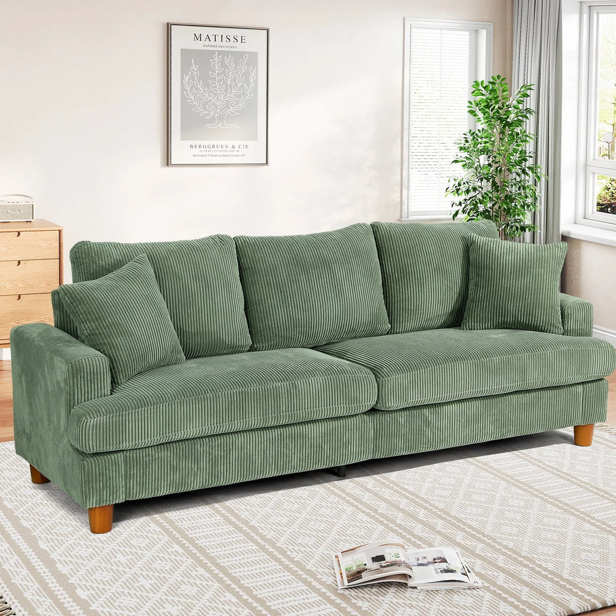 2026 New87" Corduroy Sofa,3 Seater Sofa with Extra Deep Seats,Neche Comfy Upholstered Couch for Living Room,2 Pillows,Green