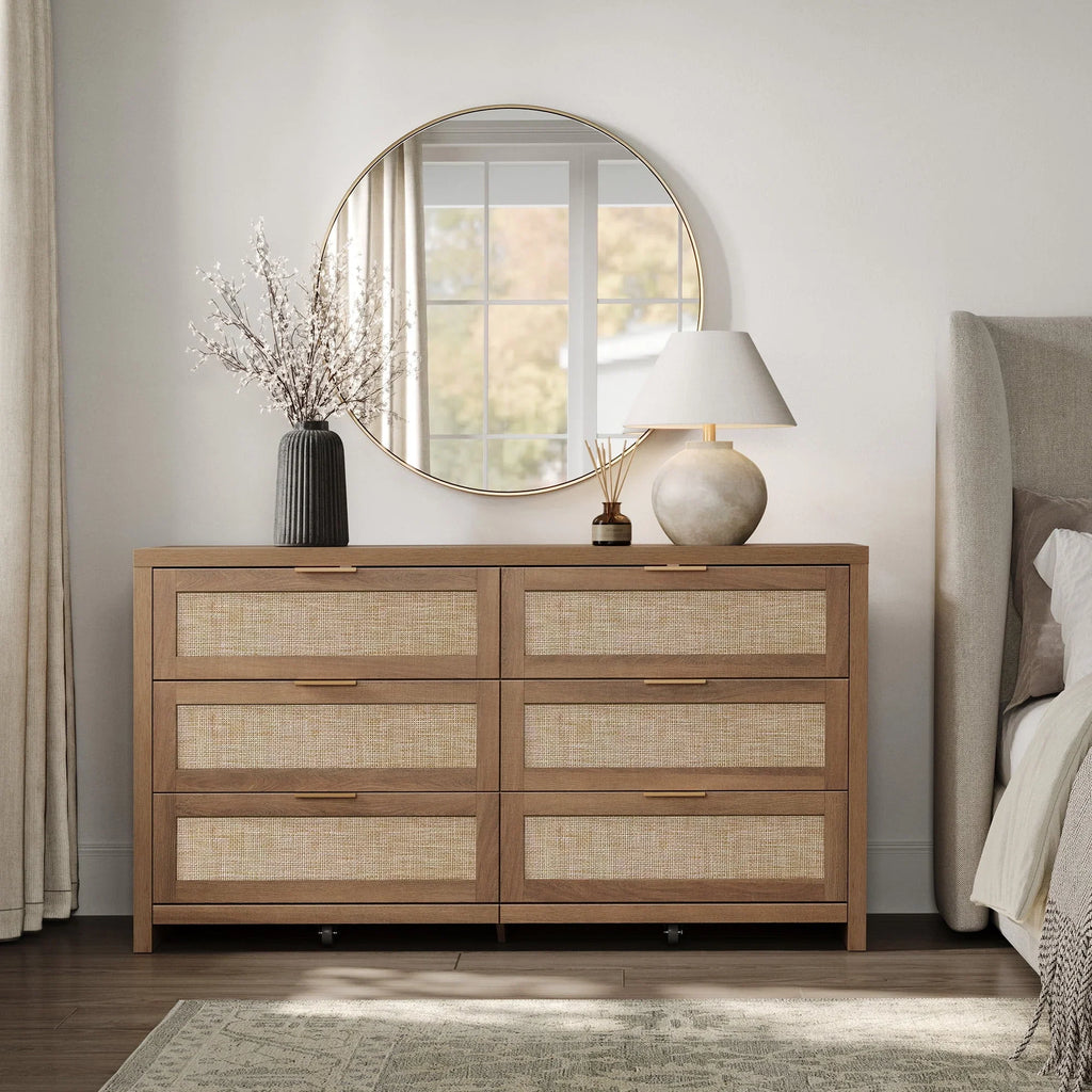 2026 NewSICOTAS 56.85" 6 Drawer Dresser,Rattan Dresser with Storage,Boho Dressers & Chests of Drawers Wooden Tall Dresser for Bedroom
