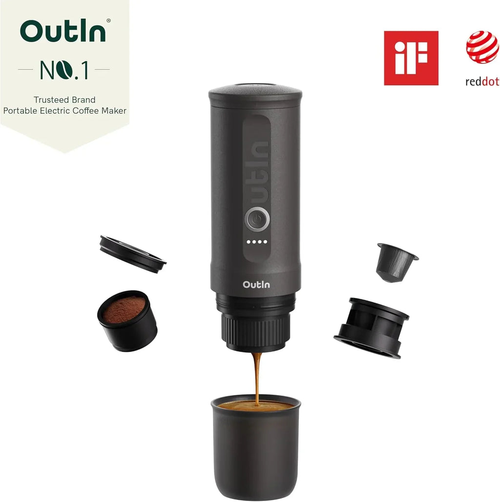 2026 NewOutIn Nano Portable Electric Espresso Machine, Travel Coffee Maker for Camping, Car Coffee Maker Self-Heating with USB-C, With Ground Coffee & NS Capsule for RV, Hiking, Office