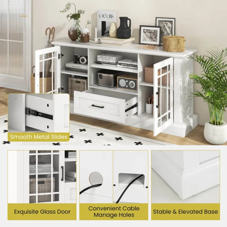 2026 NewTV Stand for TVs up to 70 with Glass Doors Cubbies and Drawer