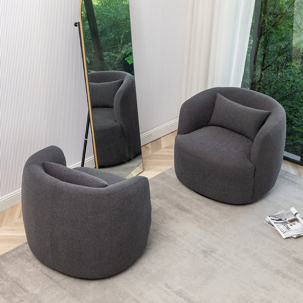 2026 New34" Wide Boucle Swivel Barrel Chair, No Assembly Round Upholstered Armchair Accent Chair Single Sofa Chair with Toss Pillow for Living Room and Bedroom, Taupe