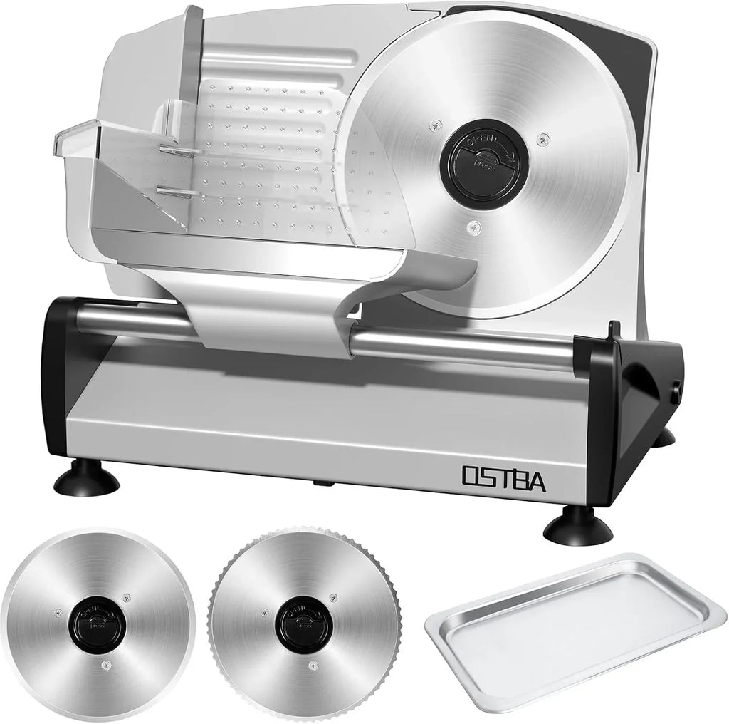 2026 NewOSTBA Meat Slicer with Quiet DC Motor, 200W Electric Deli Slicer, Dual 7.5'' Stainless Steel Blades, 0-15mm Adjustable Thickness, Easy to Clean, Ideal for Meat, Cheese, Bread, and Vegetables