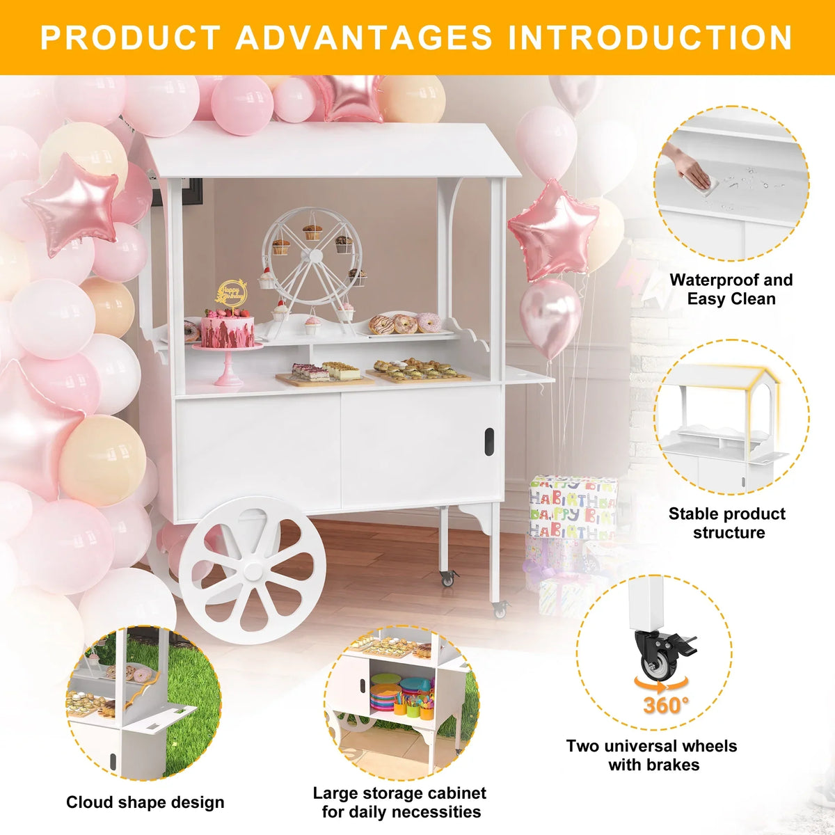 2026 NewCandy Cart with Wheels for Party，Wood Dessert Cart with Storage Cabinet