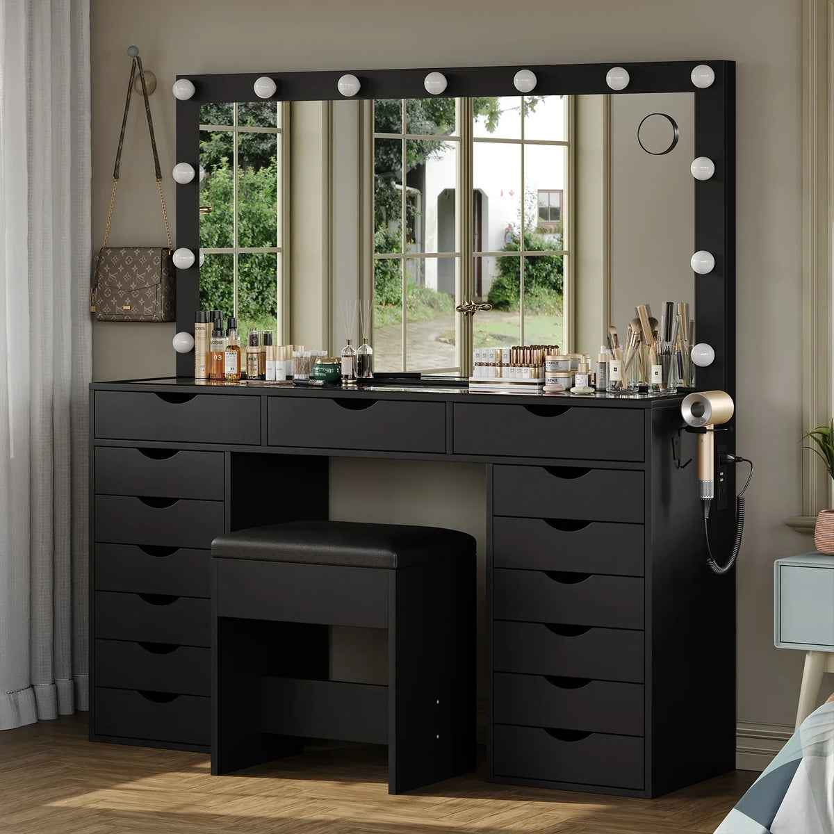 2026 NewYanosaku 15 Drawers Vanity Desk with Power Outlet, Makeup Table with Mirror and 13 LED Lights, 3 Color Lighting Modes, Brightness Adjustable, Glass Top Dressing Table, Vanity Set for Bedroom