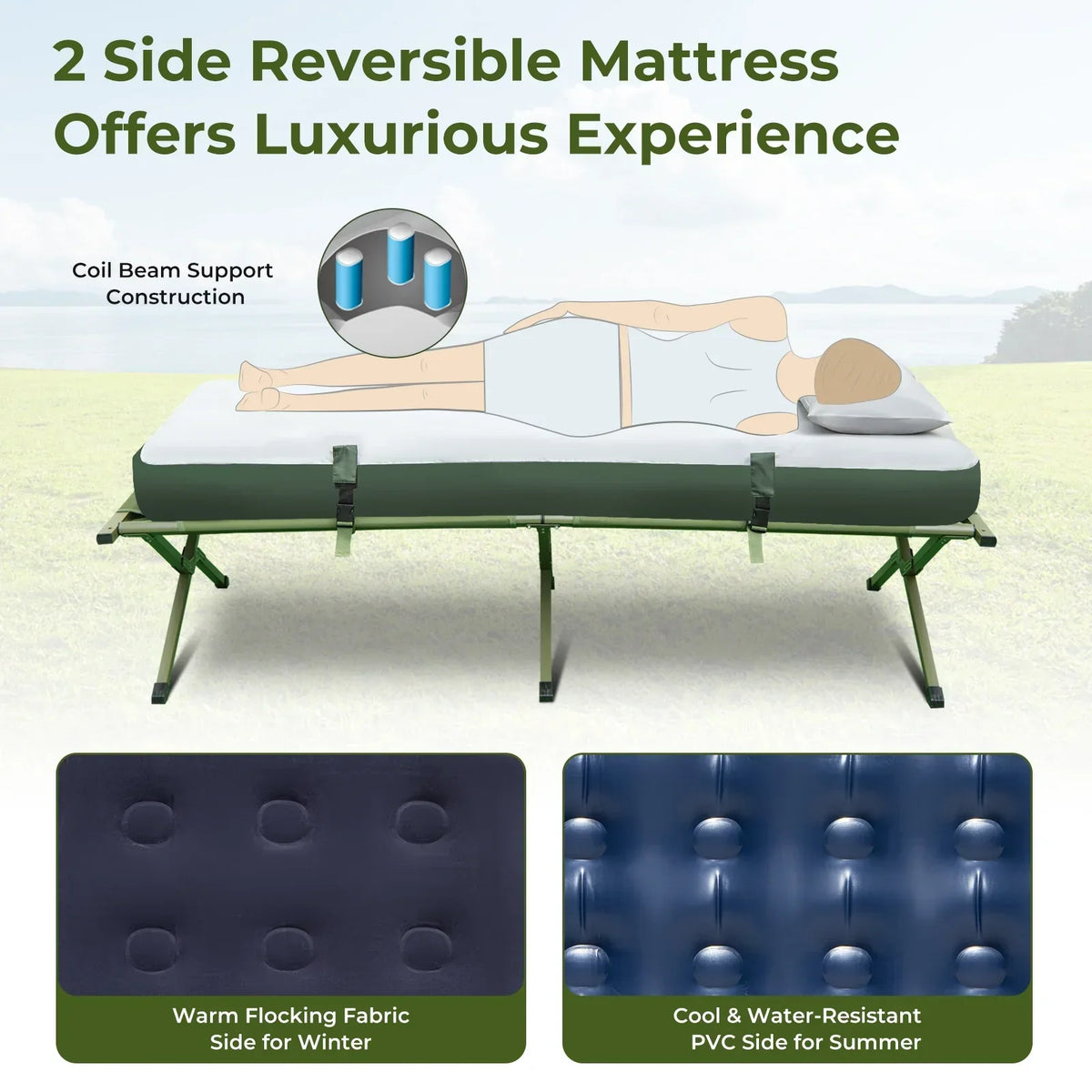 2026 NewPatiojoy Folding 2-Person Camping Tent Cot Portable Pop-Up Tent with Sleeping Bag&Air Mattress for Outdoor Activity