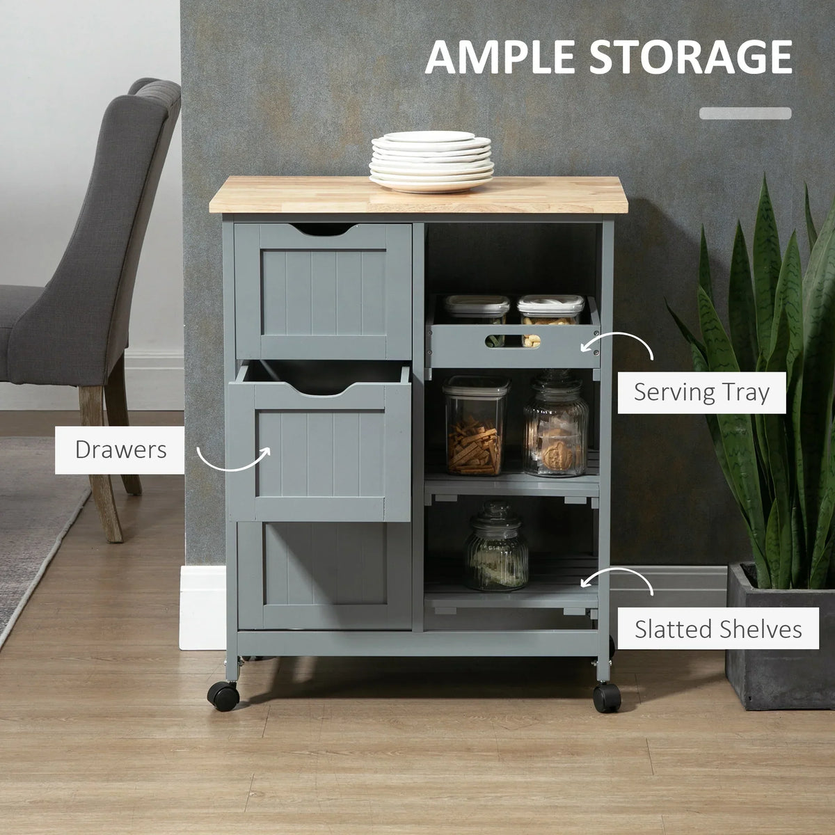 2026 NewHOMCOM Rolling Kitchen Island Cart, Bar Serving Cart, Compact Trolley on Wheels with Wood Top, Shelves & Drawers for Home Dining Area, Grey