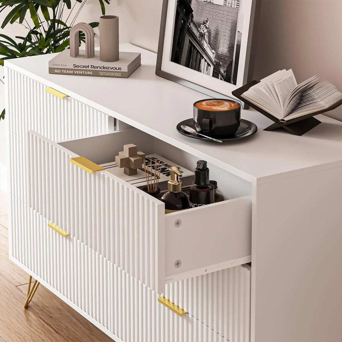 2026 NewFURNIWAY White 6 Drawer Dresser for Bedroom, Modern Dresser with Gold Metal Handles,Fluted Wood TV Stand for Living Room, Hallway