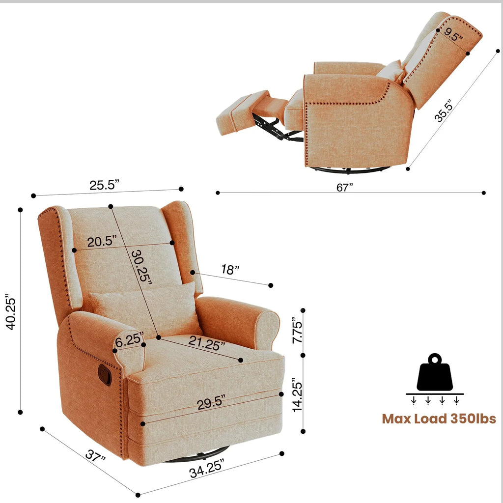 2026 NewRoyalcraft Swivel Nursery Glider Recliner, Comfy Upholstered Glider Chair with Lumbar Pillow and Footrest, Beige