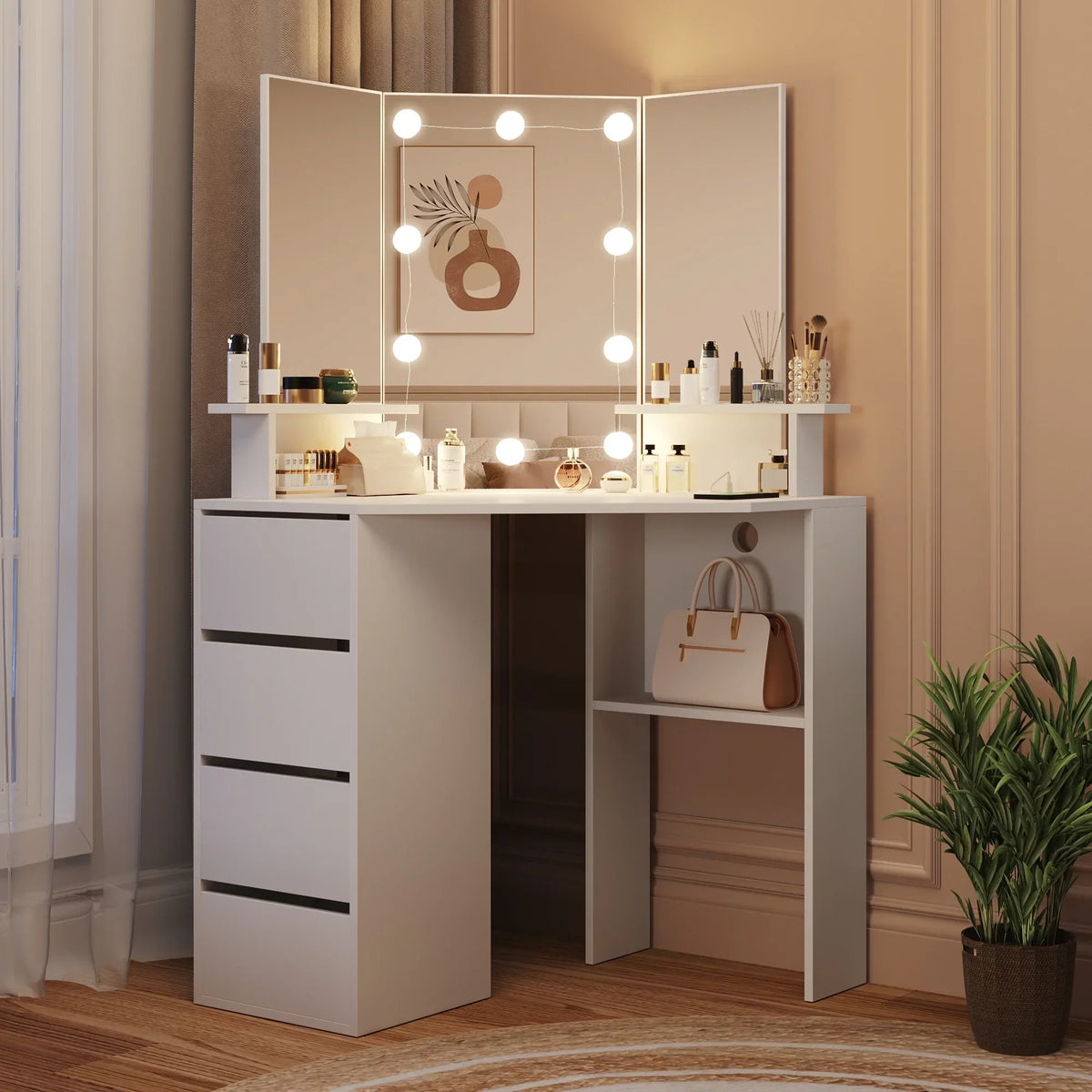 2026 NewVeanerwood White Corner Vanity Desk with Mirror and Light,Makeup Table with 4 Drawers and Charging Station for Bedroom