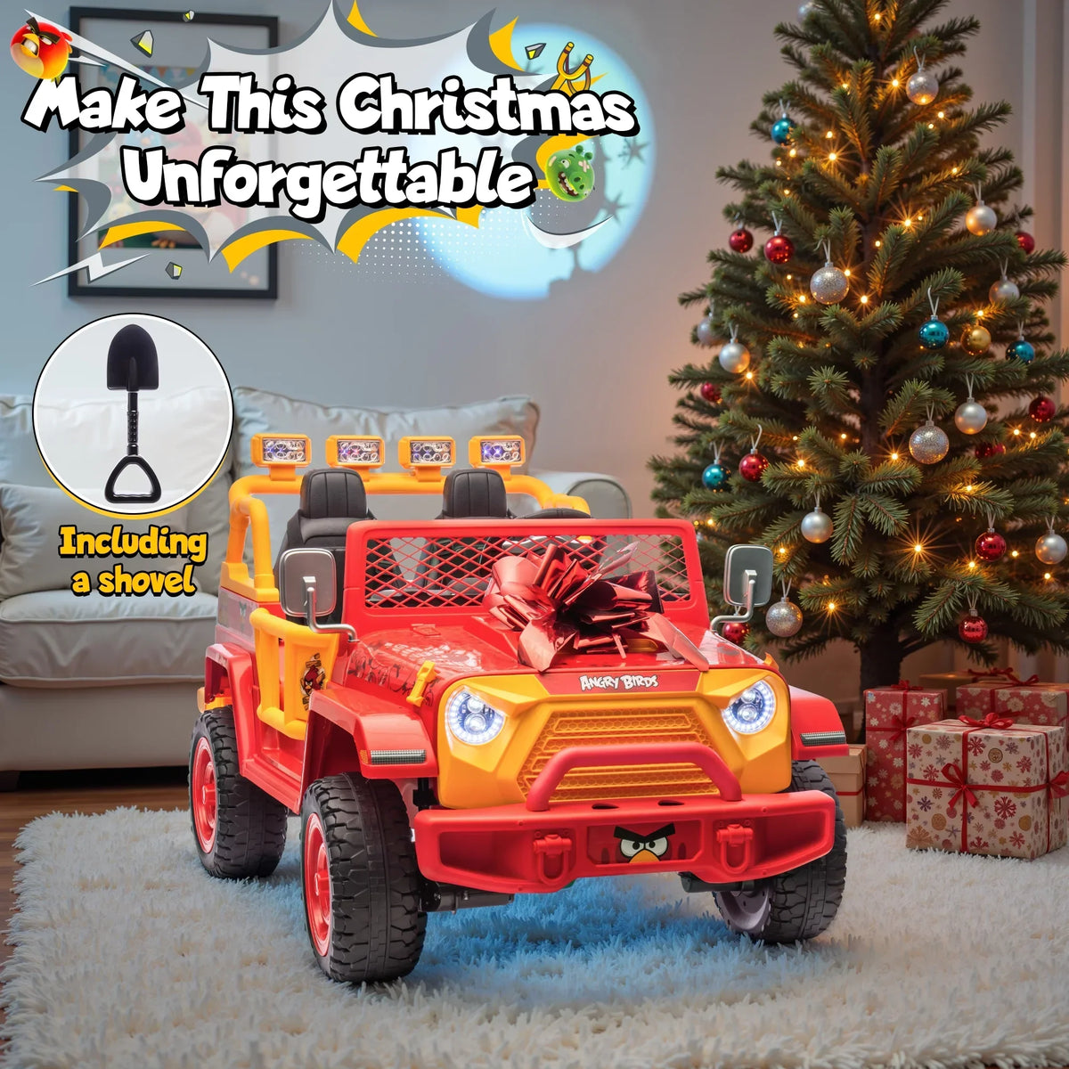 2026 NewJoyracer 24 Volt Ride on Toys for Big Kids, Licensed Angry Birds Ride on Truck with Remote, 2 Seater 4WD Electric Ride ons with Shovel, Bluetooth, Lights, Power Car Wheels for 3-8, 130lbs, Green