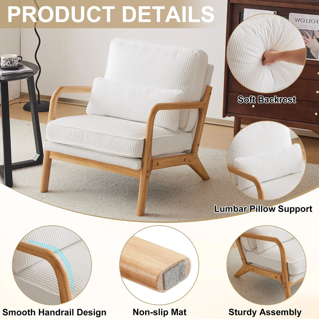 2026 NewKtaxon Accent Chair Corduroy Upholstered Armchair, Reading Club Chair with Pillow and Solid Wood Frame for Living Room Bedroom Furniture Off White