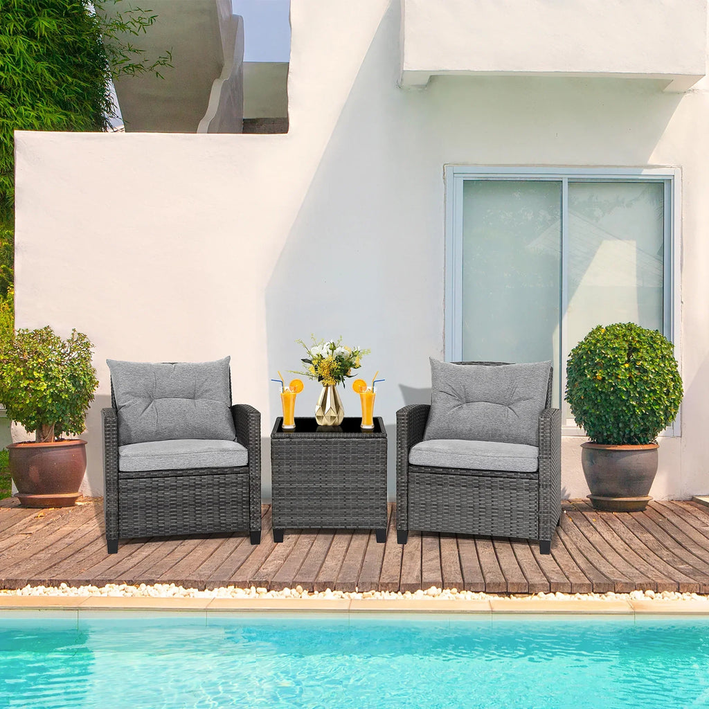 2026 NewGymax 3PCS Patio Rattan Sofa Set Outdoor Wicker Conversation Set Glass Tabletop w/ Grey Cushion