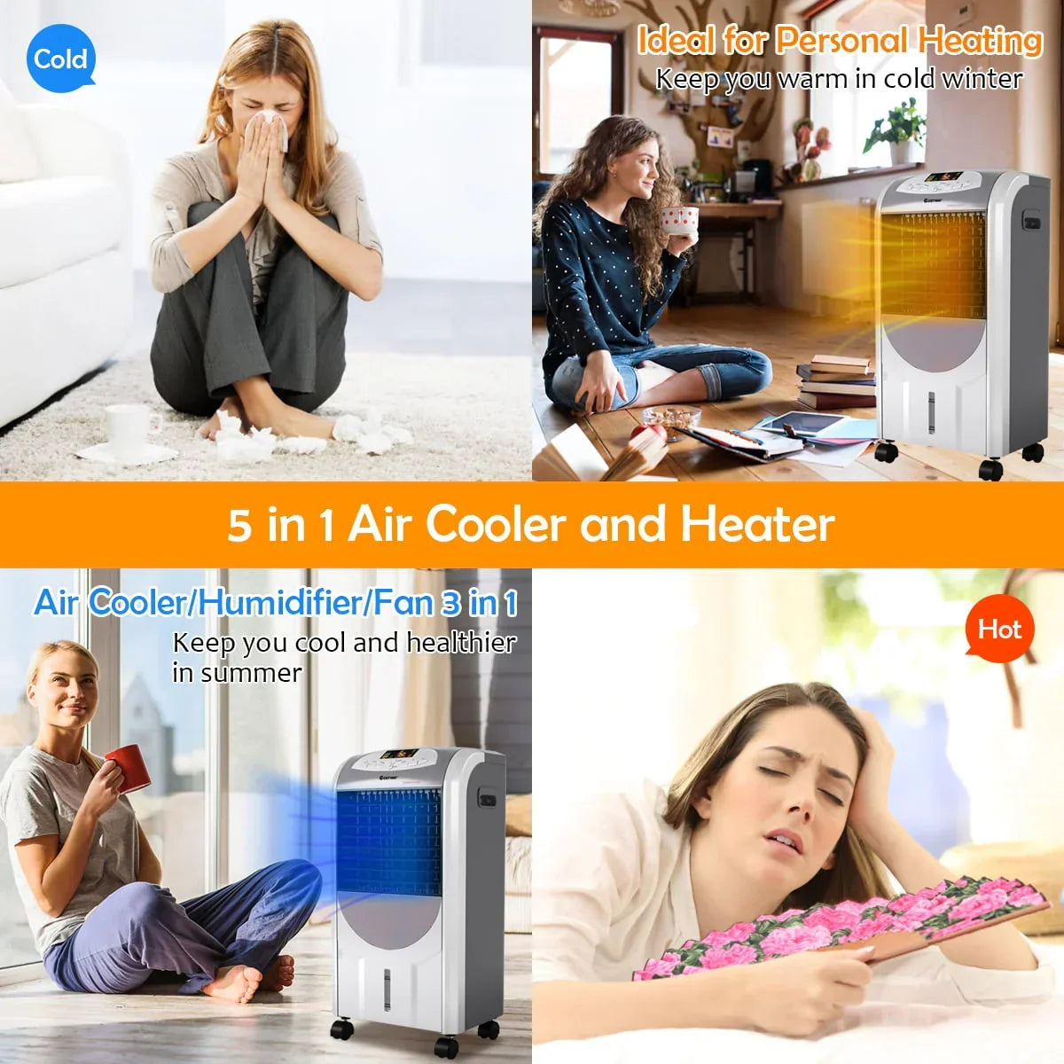 2026 NewCostway Portable Air Cooler Fan & Heater Humidifier with Washable Filter Remote Control