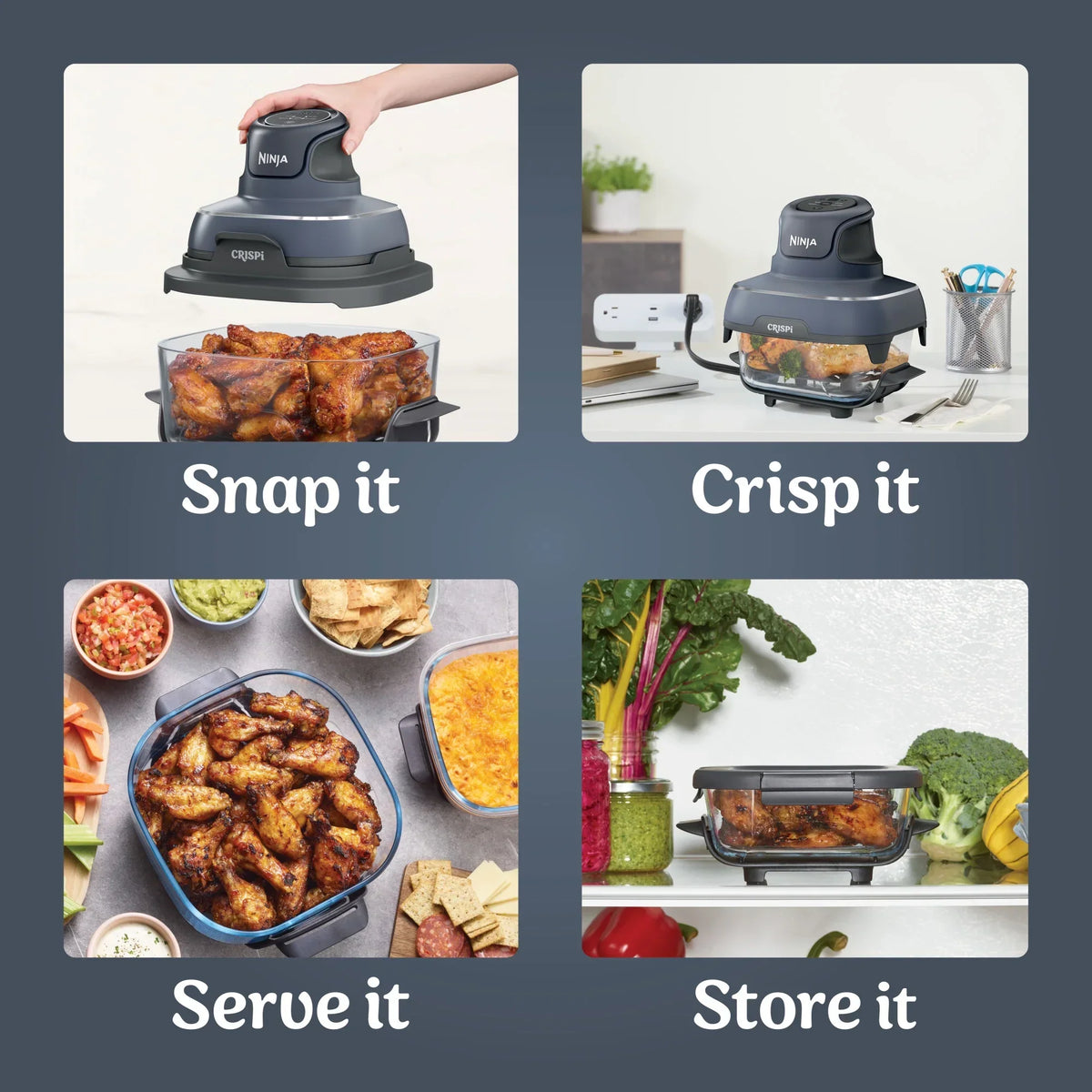 2026 NewNinja Crispi 4-in-1 Portable Glass Air Fryer Cooking System, 4-Qt & 6-Cup Containers, Cyberspace