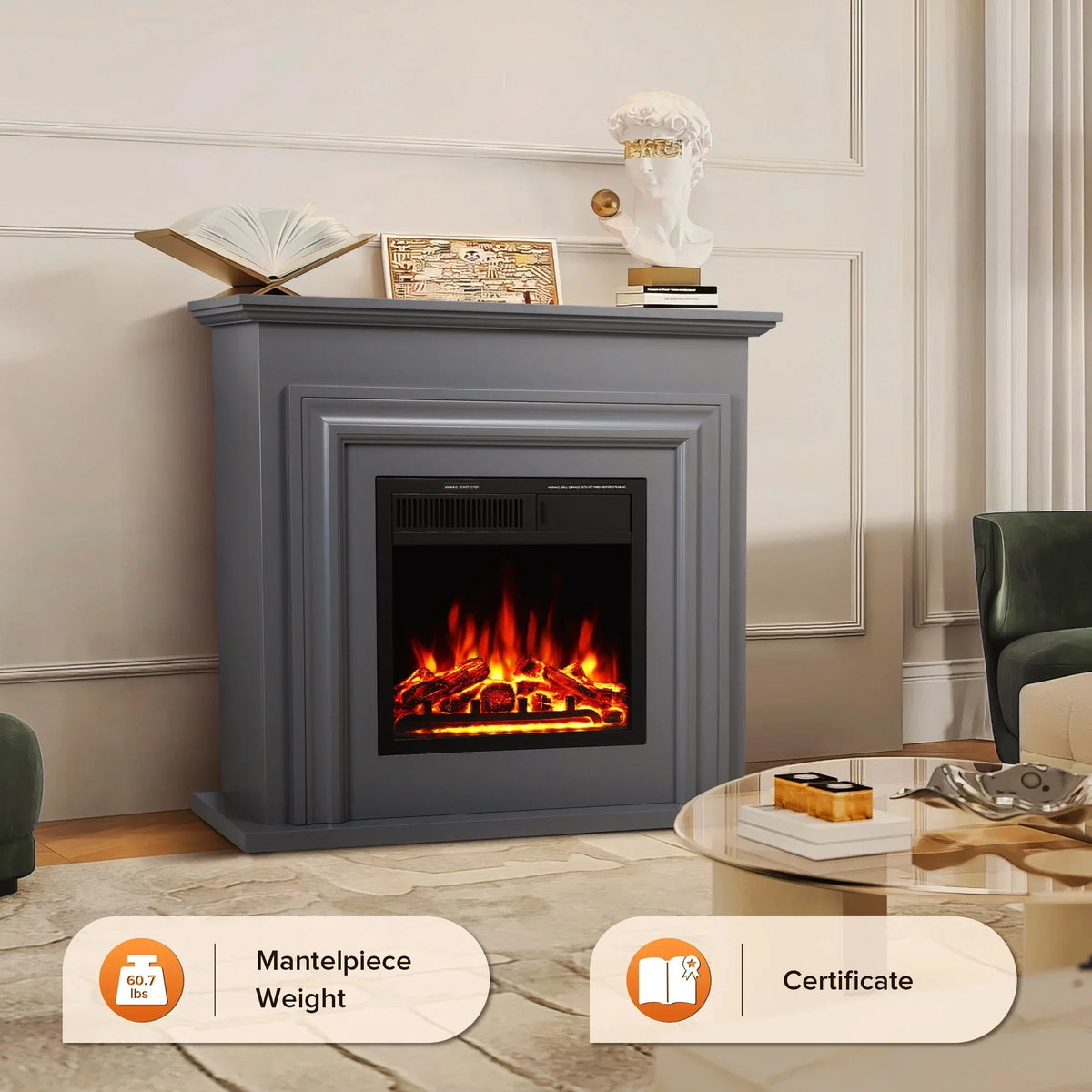 2026 NewKISSAIR Electric Fireplace Mantel Wooden Surround Firebox, Free Standing Fireplace, with Remote Control, Adjustable LED Flame, 750W/1500W -White