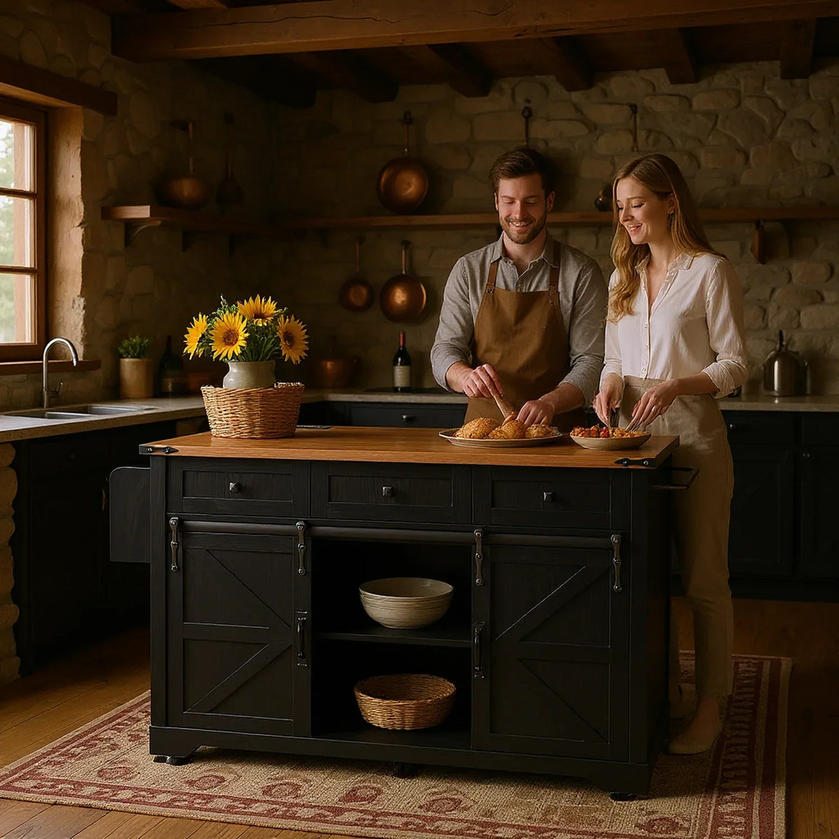 2026 NewHomy Casa Farmhouse 53.7" Kitchen Island with Storage Cabinet, Sliding Barn Doors, and Wheels, White Oak