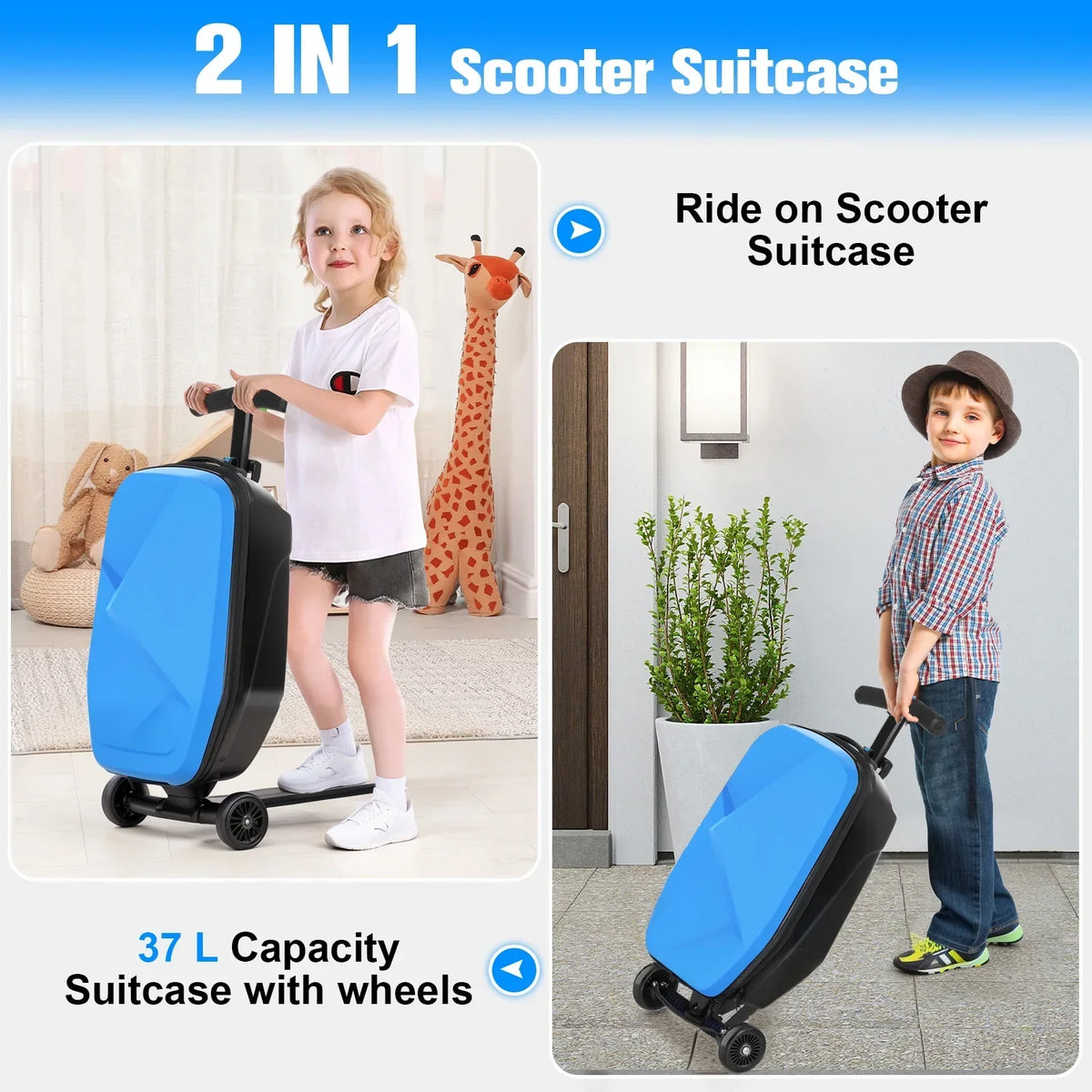 2026 NewAdvwin Scooter Luggage for Kids & Adults, Hardside Ride on Suitcase for Kids Ages 4-15 Multifunctional Lightweight Foldable Carry on Luggage with Wheels Ride on for Children Teenagers, Pink