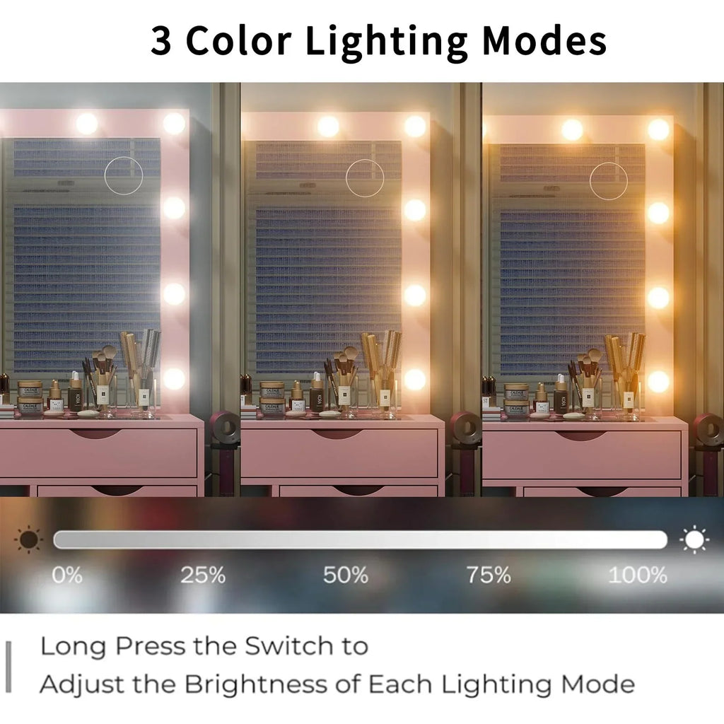 2026 NewYanosaku 15 Drawers Vanity Desk with Power Outlet, Makeup Table with Mirror and 13 LED Lights, 3 Color Lighting Modes, Brightness Adjustable, Glass Top Dressing Table, Vanity Set for Bedroom
