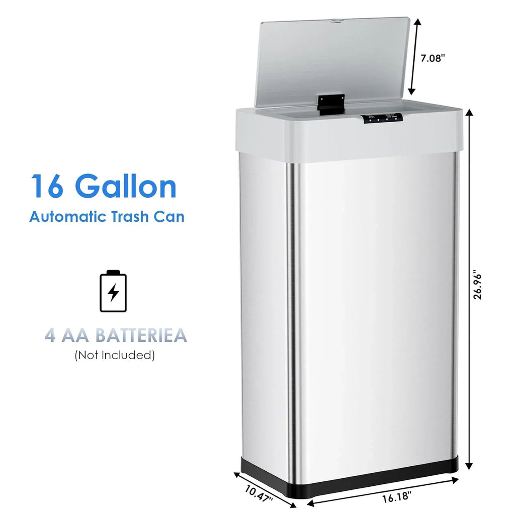 2026 NewLAZY BUDDY 60 Liter / 16 Gallon Stainless Steel Motion Sensor Trash Can for Kitchen, Bathroom, Rectangular