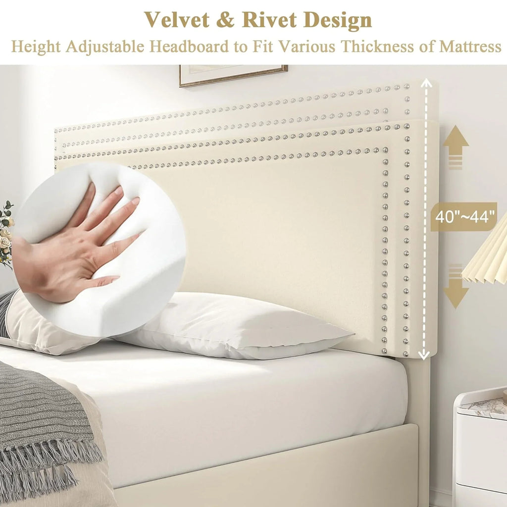 2026 NewVECELO Full Bed Frame with 4 Storage Drawers (Wheeled) and Tufted Upholstered Adjustable Headboard Platform Bed, Beige