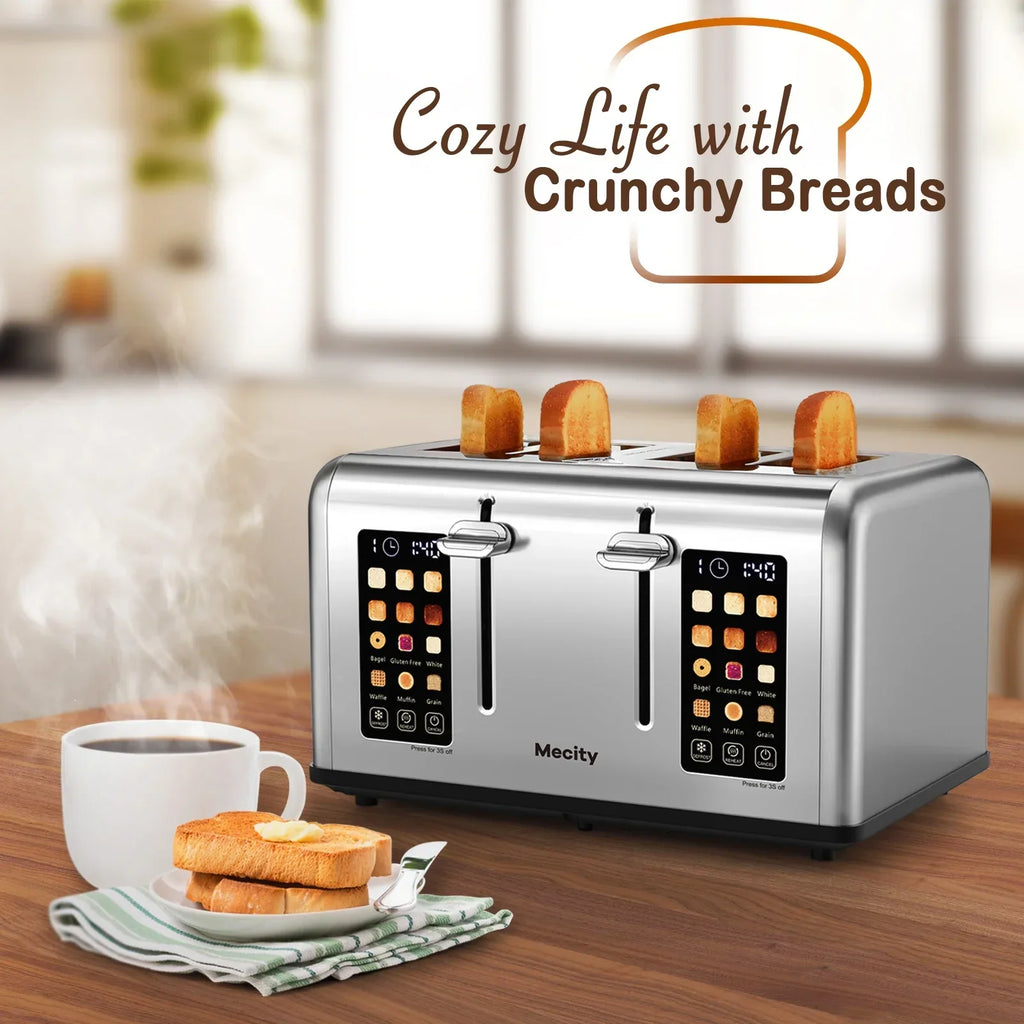 2026 NewMecity 4-Slice Touchscreen Toaster, Stainless Steel, 6 Browning Settings, Reheat, Cancel, Defrost, Removable Tray